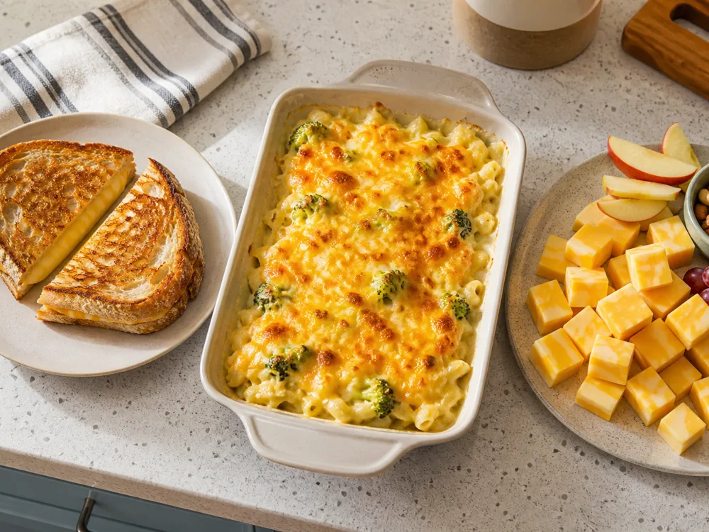 Marble Cheddar melted in a sandwich and casserole beside snack cubes - Marble Cheddar | KnowTheCheese