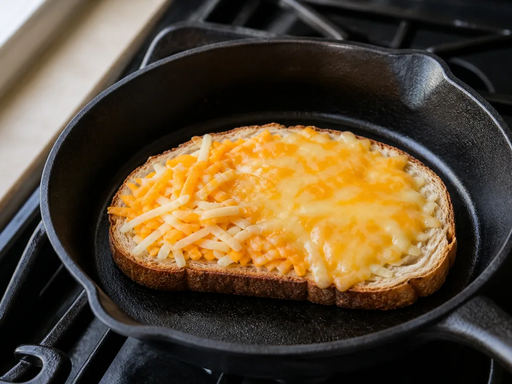Orange and white Marble Cheddar shreds melting together on bread - Marble Cheddar | KnowTheCheese