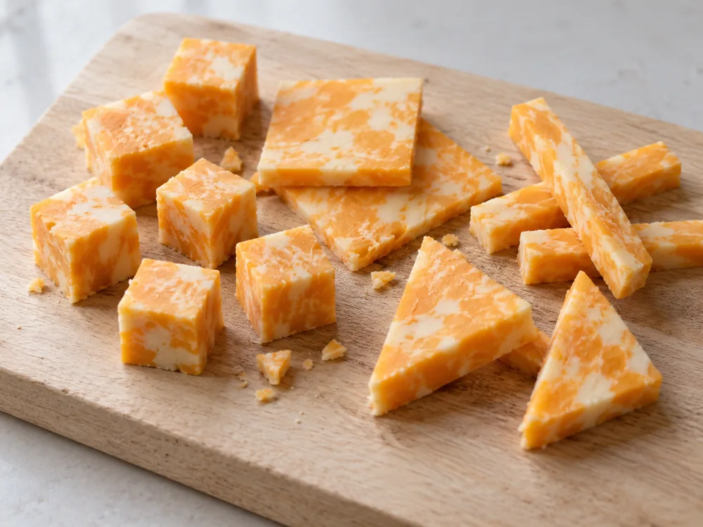 Marble Cheddar cut into cubes, squares, triangles and sticks on a wooden board - Marble Cheddar | KnowTheCheese