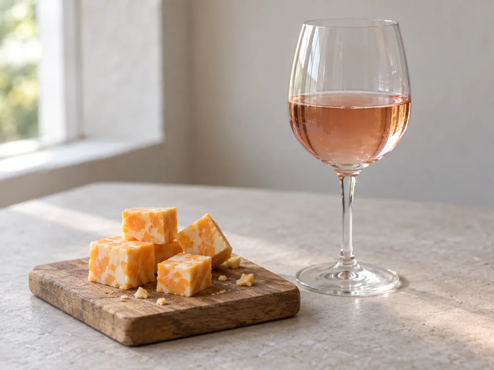 Marble Cheddar cubes on a wooden board beside a glass of dry rosé - Marble Cheddar | KnowTheCheese