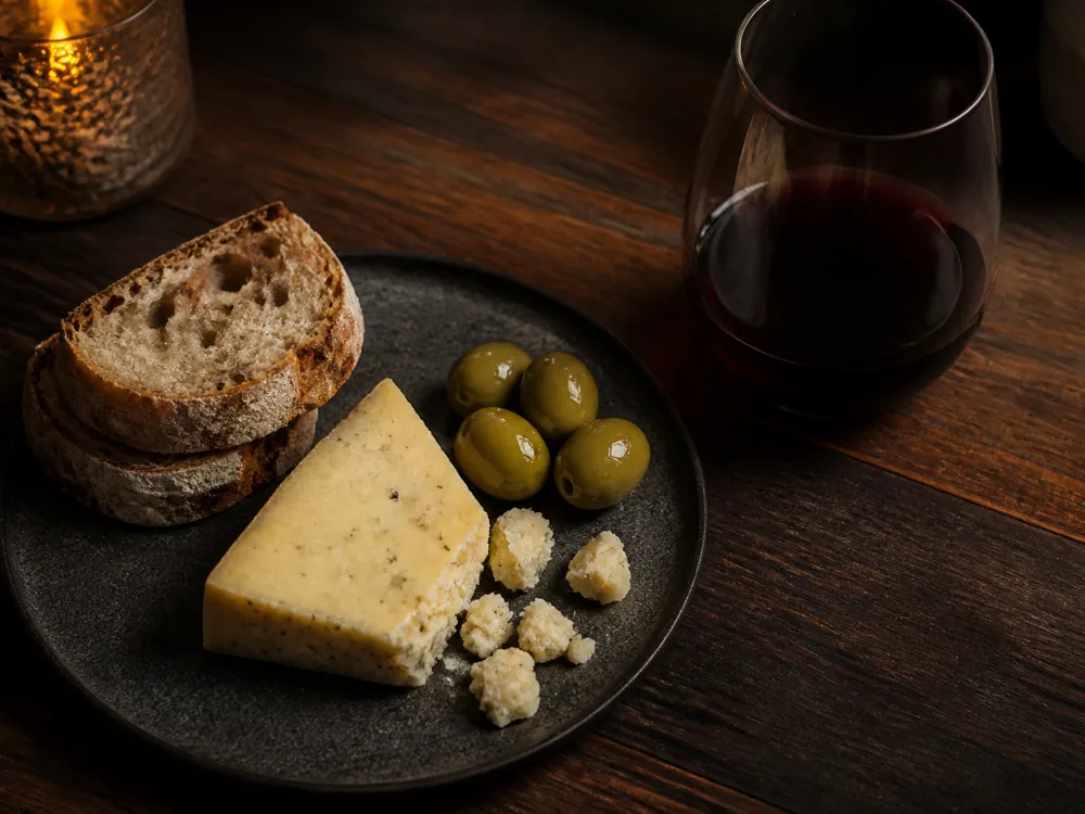 Marco Polo cheese with green olives bread and Merlot - Marco Polo | KnowTheCheese