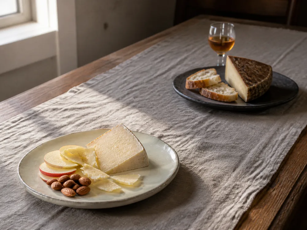 Aged Marisa with apple and almonds beside Cave Aged Marisa with bread and sherry - Marisa | KnowTheCheese
