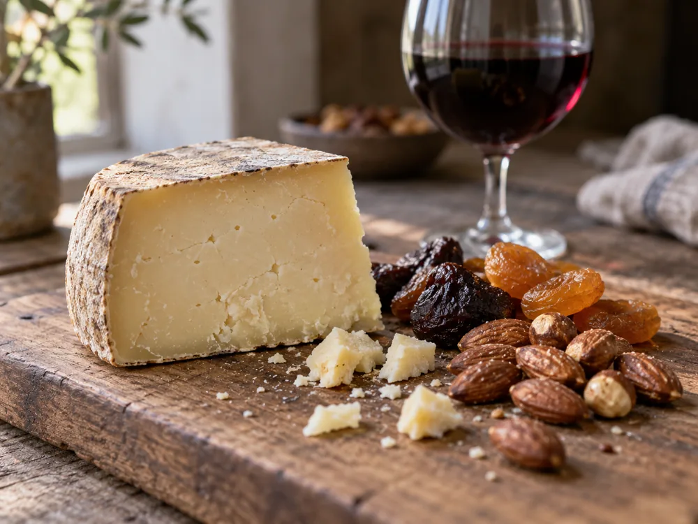 Wedge of firm pale cheese beside dried fruit, roasted almonds and a glass of red wine - Marisa | KnowTheCheese