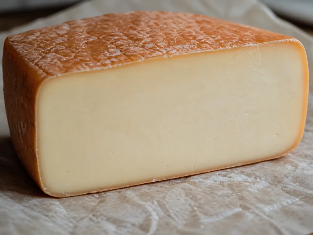 Cut face of a washed-rind square showing even ivory paste to the rind edge - Maroilles | KnowTheCheese