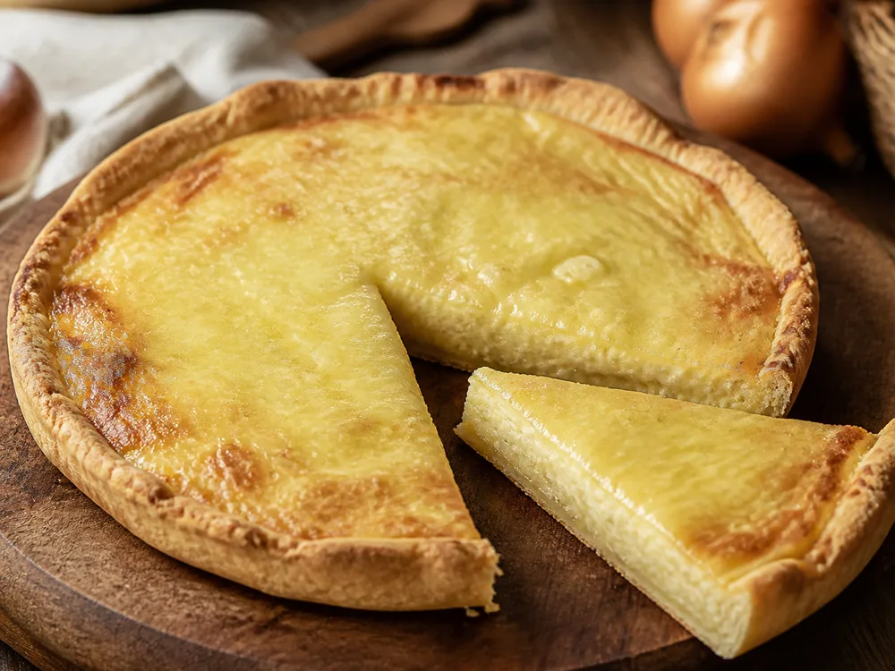 An open tart topped with melted washed-rind cheese, one slice lifted - Maroilles | KnowTheCheese