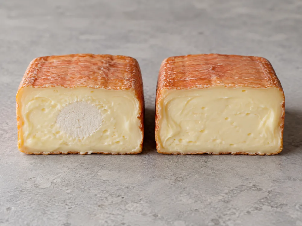 Two cut washed-rind cheeses, one with a chalky white centre and one with even soft paste - Maroilles | KnowTheCheese