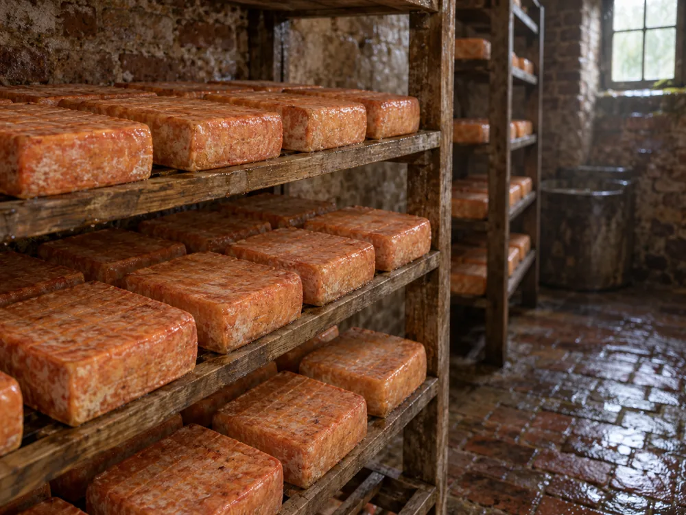 Square orange-red washed-rind cheeses on wooden racks in a damp bare-brick cellar - Maroilles | KnowTheCheese