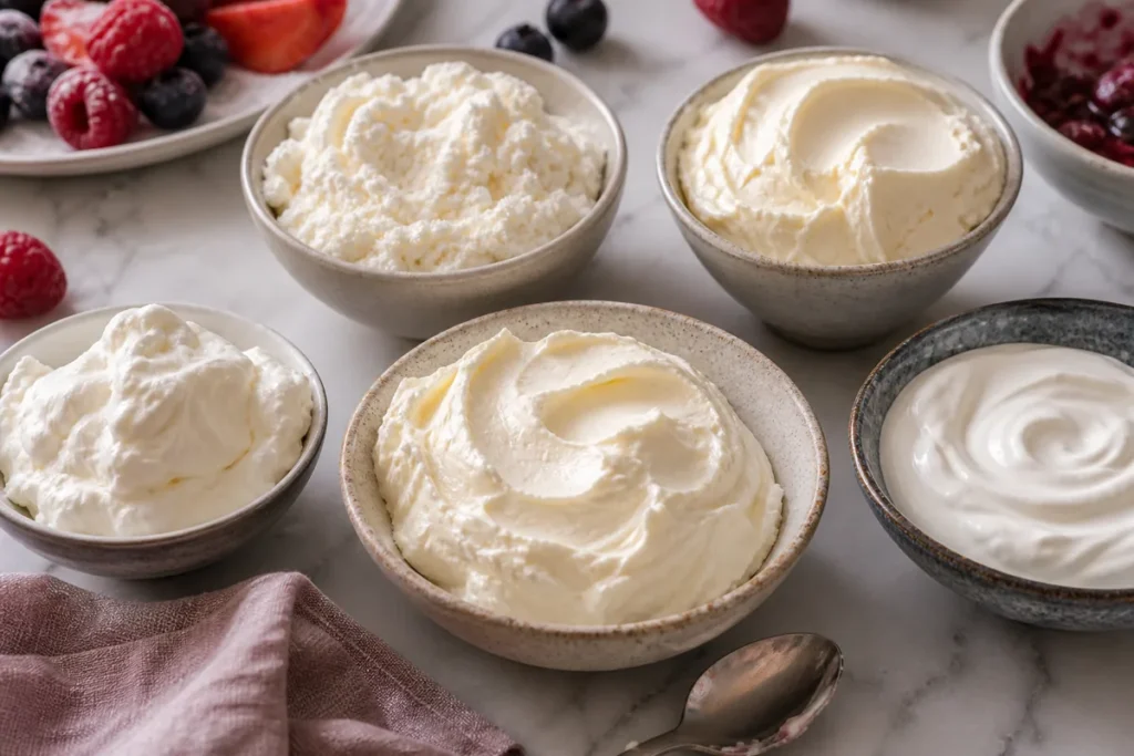 Creamy dairy bowls arranged as Mascarpone substitutes - Mascarpone substitutes | KnowTheCheese