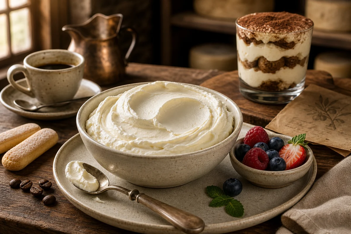 Smooth mascarpone in a ceramic bowl with espresso, berries, and tiramisu - Mascarpone cheese | KnowTheCheese