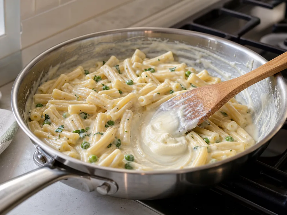Smooth mascarpone sauce coating pasta in a pan pulled away from the burner - Mascarpone | KnowTheCheese
