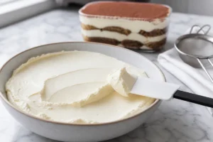 Dense smooth mascarpone with a short spatula ridge and layered tiramisu behind it - Mascarpone | KnowTheCheese