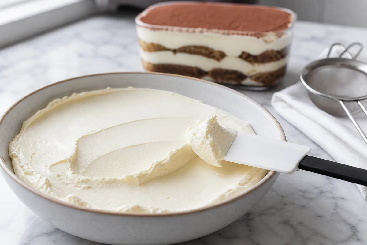 Dense smooth mascarpone with a short spatula ridge and layered tiramisu behind it - Mascarpone | KnowTheCheese