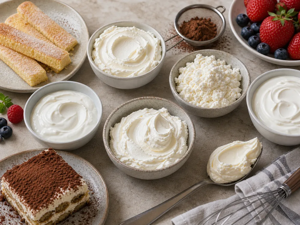 Mascarpone substitute bowls with cream cheese-style spread, ricotta, creme fraiche-style cream, whipped cream, yogurt, berries, and cake