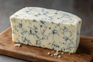 A moist crumbly wedge of rindless blue cheese with fine blue-grey veining - Maytag Blue | KnowTheCheese