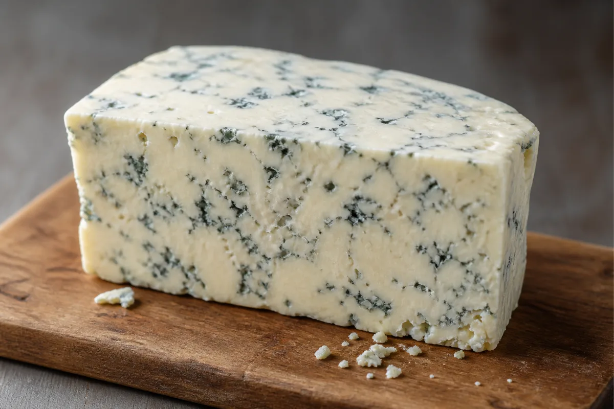 A moist crumbly wedge of rindless blue cheese with fine blue-grey veining - Maytag Blue | KnowTheCheese