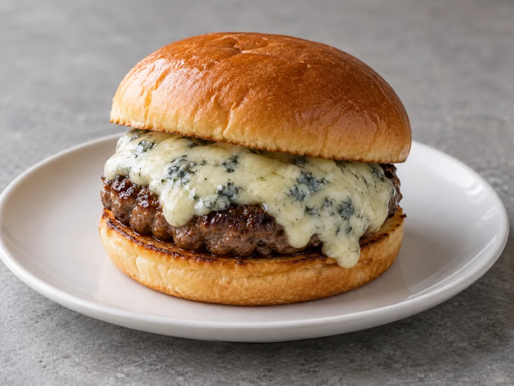 A burger with melted blue-veined cheese over the patty on a white plate - Maytag Blue | KnowTheCheese