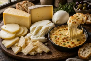 Melting-cheese spread with stretchy mozzarella, Alpine-style wedge, sliced melt cheeses, and a hot skillet with smooth cheese pull - Best melting cheese | KnowTheCheese