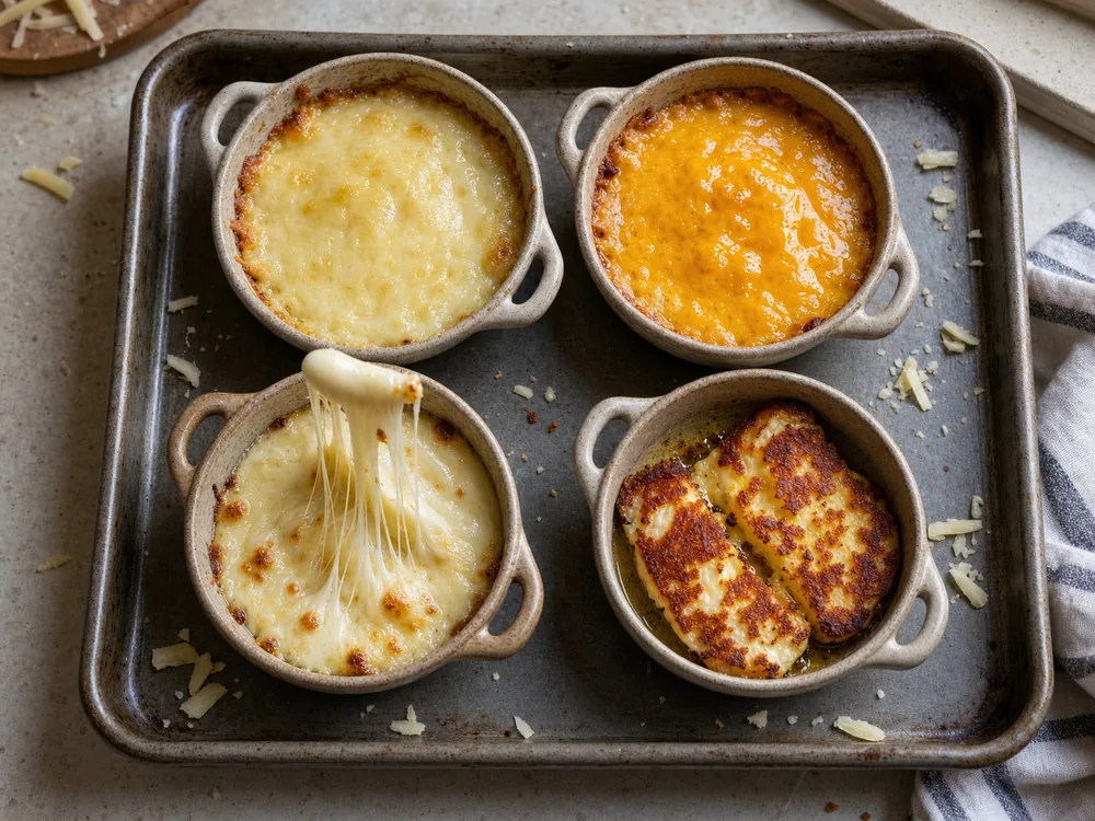 Four small dishes comparing smooth melted cheese, cheddar melt, stretchy mozzarella-style cheese, and browned halloumi-style pieces - Best melting cheeses | KnowTheCheese
