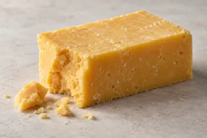 Illustration of a rectangular block of yellow crumbly cheddar-style cheese with a broken corner | KnowTheCheese