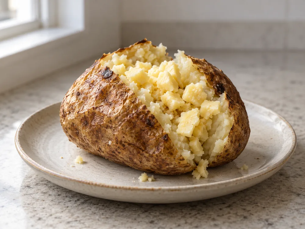Baked potato split open and topped with pale yellow cheese pieces - Mersey Valley Original Vintage | KnowTheCheese