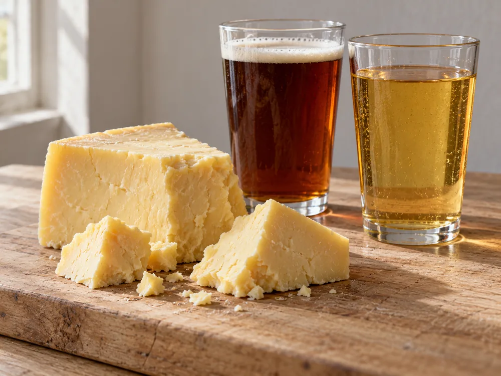 Pale yellow cheese chunks on a wooden board beside a glass of dark amber ale and a glass of golden cider - Mersey Valley Original Vintage | KnowTheCheese