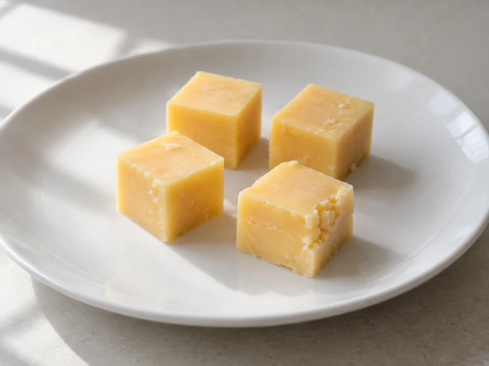 Four small pale yellow cheese cubes on a white plate - Mersey Valley Original Vintage | KnowTheCheese