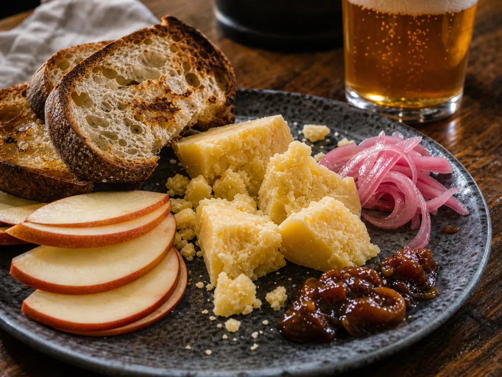 Crumbly vintage cheese with sourdough apple pickled onions and ale - Mersey Valley Original Vintage | KnowTheCheese