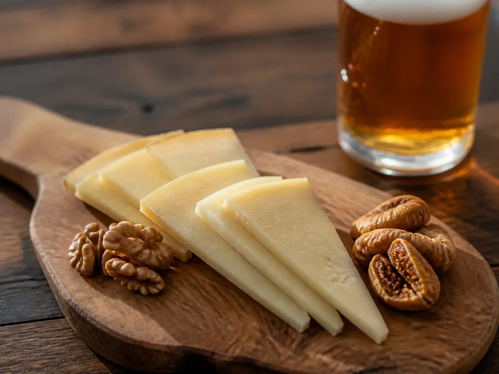 Thin slices of a firm aged cheese with walnuts, dried figs, and a glass of amber beer - Midnight Moon | KnowTheCheese