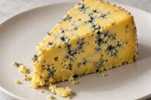 Wedge of aged blue cheese with dark yellow paste and blue-grey veins - Milawa Aged Blue | KnowTheCheese