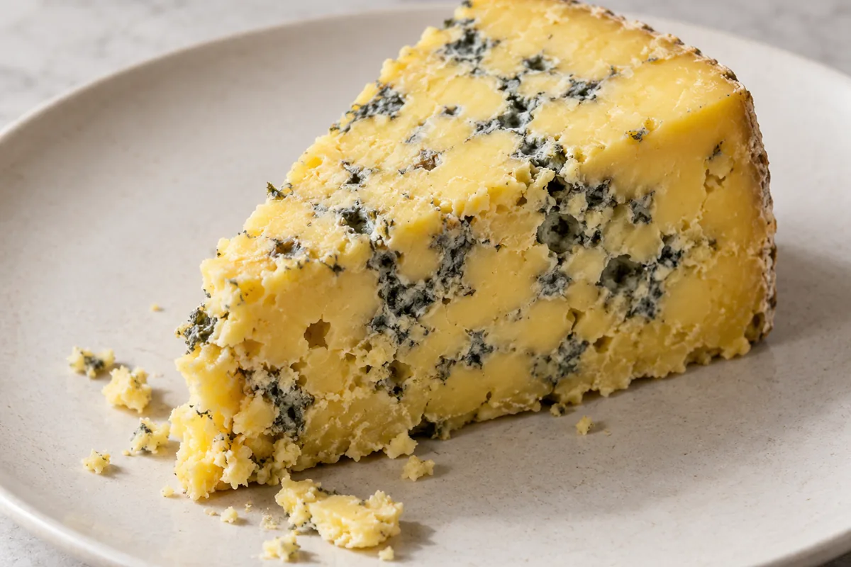 Wedge of aged blue cheese with dark yellow paste and blue-grey veins - Milawa Aged Blue | KnowTheCheese