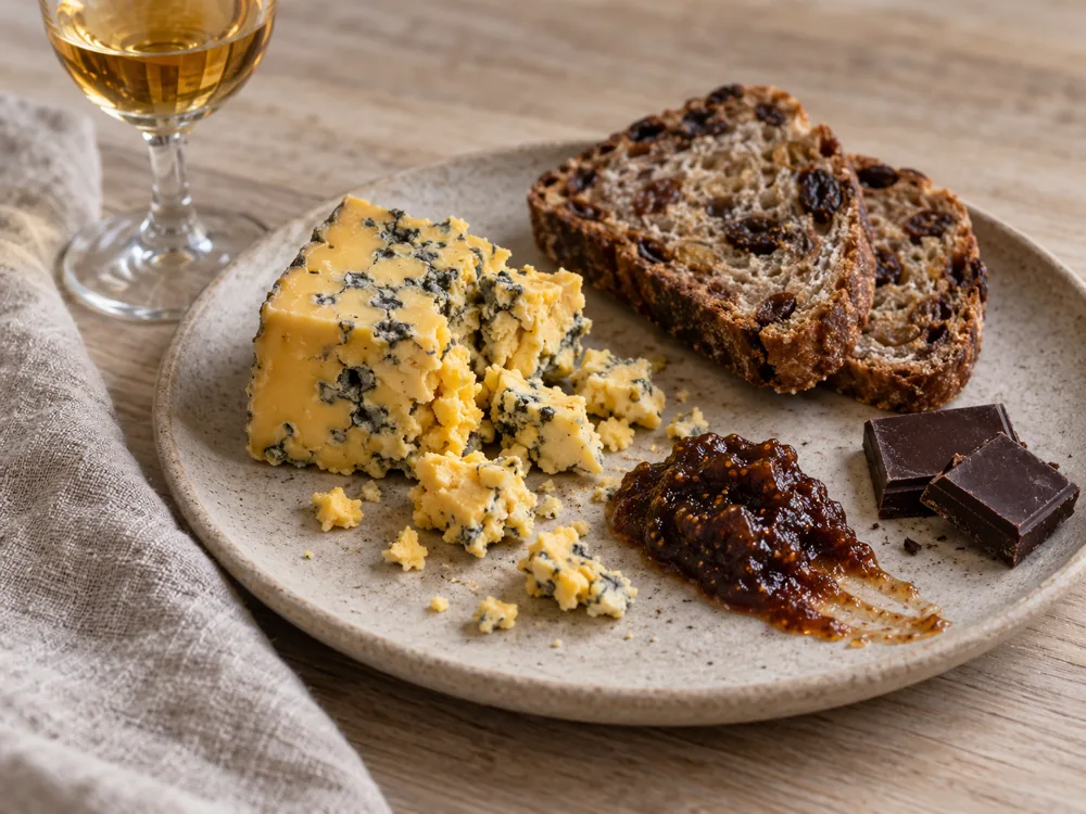 Crumbled aged blue cheese with fig paste, fruit bread, dark chocolate and dessert wine - Milawa Aged Blue | KnowTheCheese