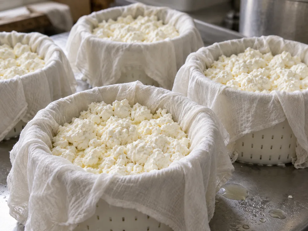 Cloth-lined moulds filled with fresh cheese curds - Milawa Aged Blue | KnowTheCheese