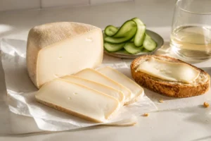 Mild Dutch goat cheese wedge with slices warm bread cucumber and white wine - Mild Goats Cheese | KnowTheCheese