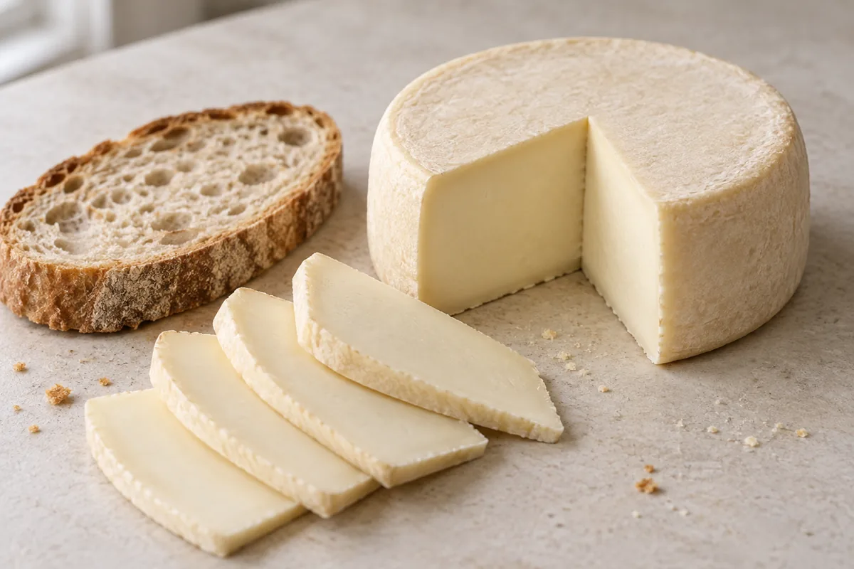 Cream-coloured semi-soft cheese wheel with a wedge cut out, slices and a slice of bread - Mild Goat's Cheese | KnowTheCheese