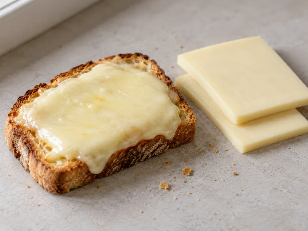 Cream-coloured cheese melted over toasted bread beside two unmelted slices - Mild Goat's Cheese | KnowTheCheese