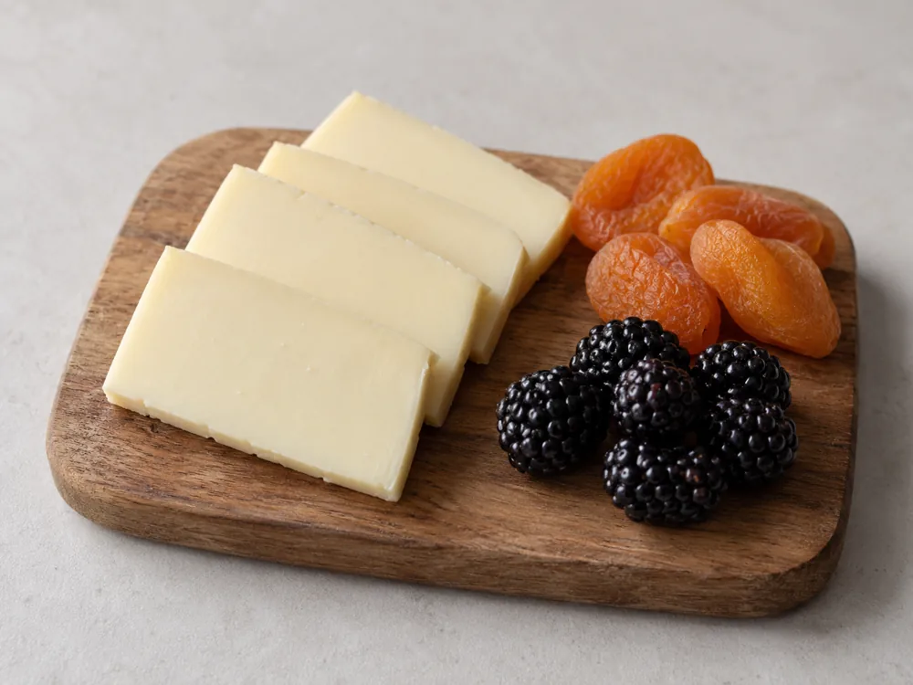Slices of smooth cream-coloured cheese on a wooden board beside dried apricots and blackberries - Mild Goat's Cheese | KnowTheCheese