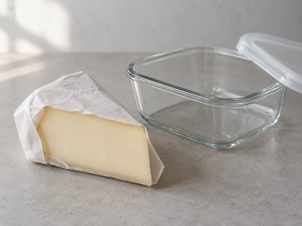 Wedge of smooth cream-coloured cheese wrapped in parchment paper beside an open glass container - Mild Goat's Cheese | KnowTheCheese