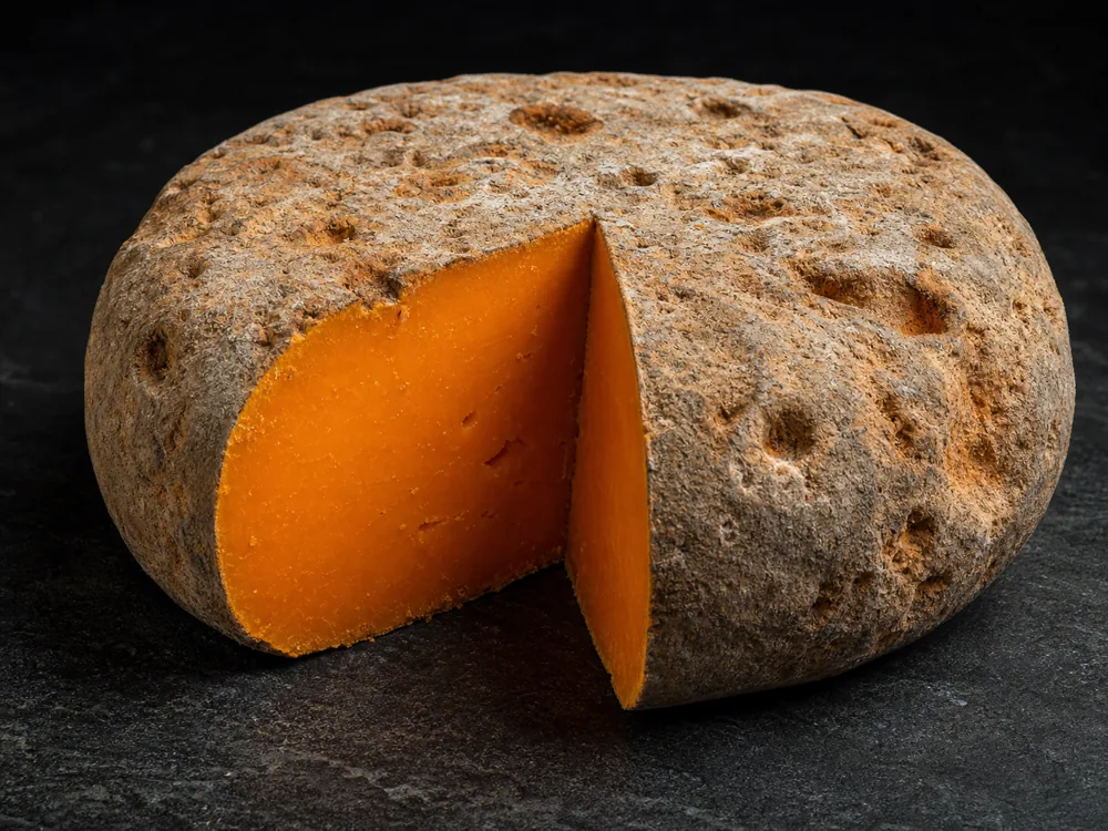 Mature Mimolette cut open to show orange paste and a cratered natural rind - Mimolette | KnowTheCheese