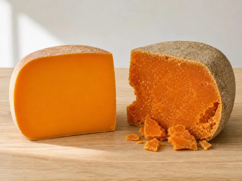 Young smooth Mimolette beside older brittle Mimolette and orange shards - Mimolette | KnowTheCheese
