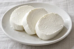 Thick slices of soft white fresh cheese on a plain plate - Minas cheese | KnowTheCheese
