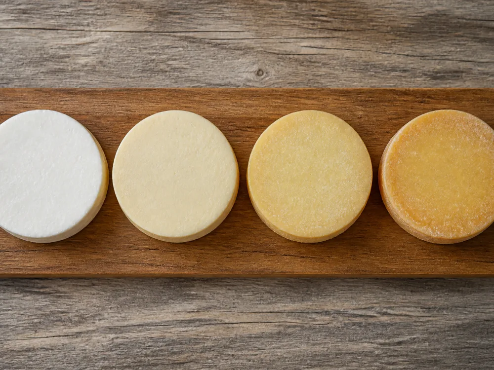 Four cheeses in a row progressing from moist white to firm yellow with a dry crust - Minas cheese | KnowTheCheese