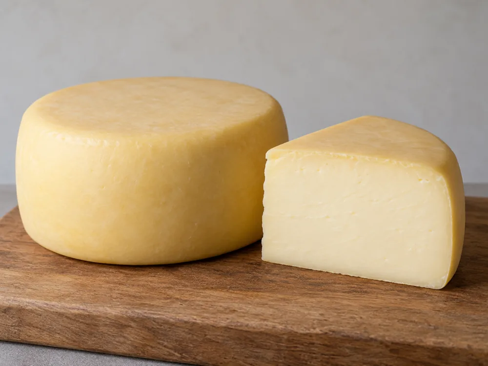 A whole pale yellow cheese beside a cut wedge with a smooth cream interior - Minas cheese | KnowTheCheese