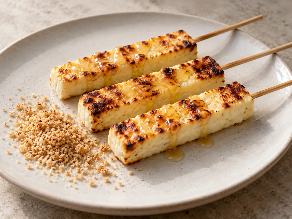 Three skewers of grilled white cheese with honey drizzled over and toasted cassava flour on the plate - Minas cheese | KnowTheCheese