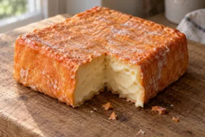 Square washed-rind cheese block with a sticky orange rind and a cut corner showing soft paste - Minger | KnowTheCheese