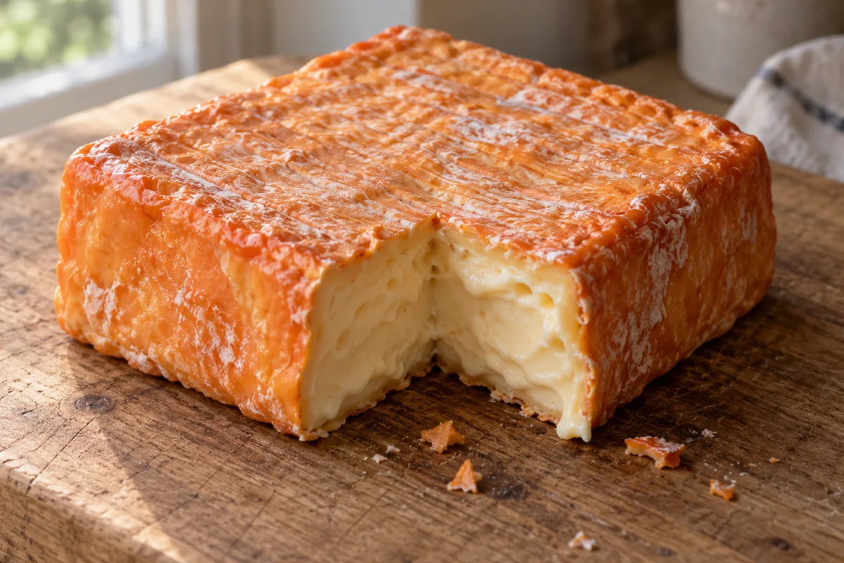 Square washed-rind cheese block with a sticky orange rind and a cut corner showing soft paste - Minger | KnowTheCheese