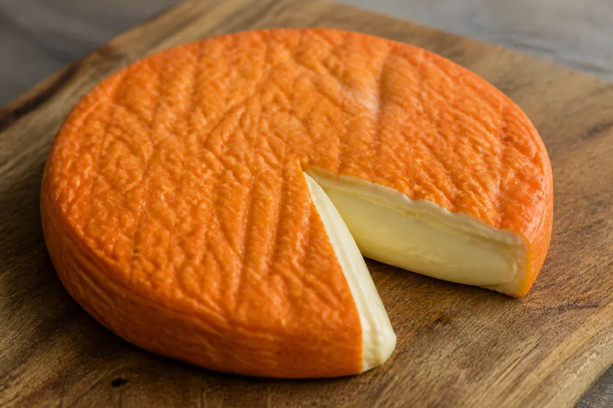 A flat round cheese with a bright orange washed rind and a soft silky paste at the cut - Minger | KnowTheCheese