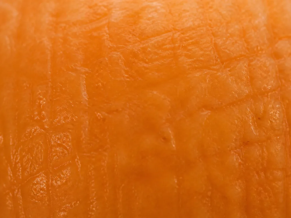 Close view of an even, slightly damp orange washed rind - Minger | KnowTheCheese