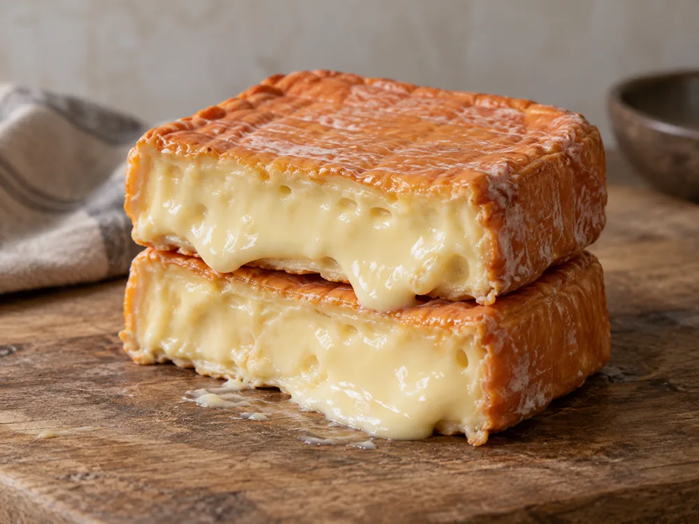 Square washed-rind cheese cut in half with soft creamy paste flowing from the cut - Minger | KnowTheCheese