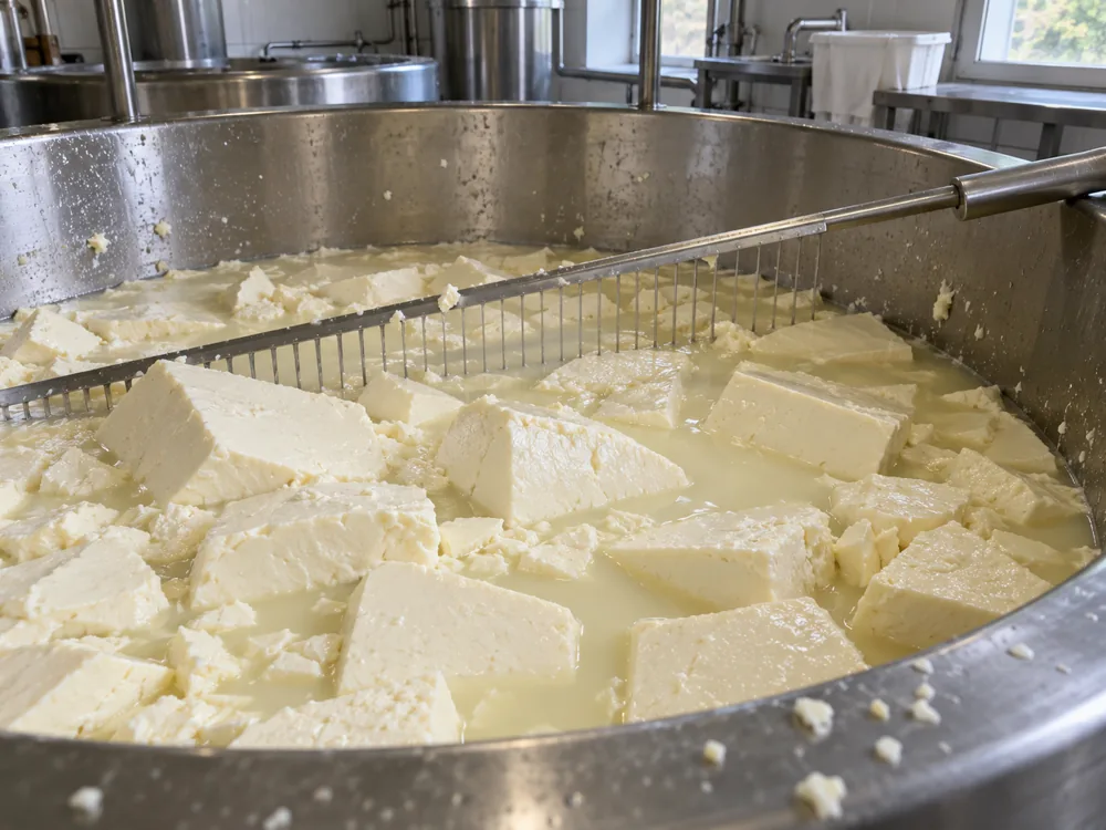 Large cut pieces of curd sitting in whey in a stainless steel cheese vat - Minger | KnowTheCheese