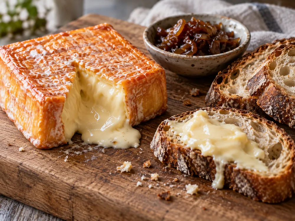 Square washed-rind cheese oozing at a cut corner beside sourdough slices, one spread with cheese, and a bowl of onion chutney - Minger | KnowTheCheese